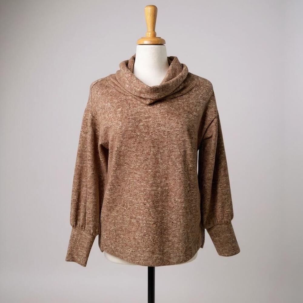 Maeve‎ Cowl Neck Top Sweater Sz Sm Tan Bishop Sleeves Comfort Stretch Minimalist